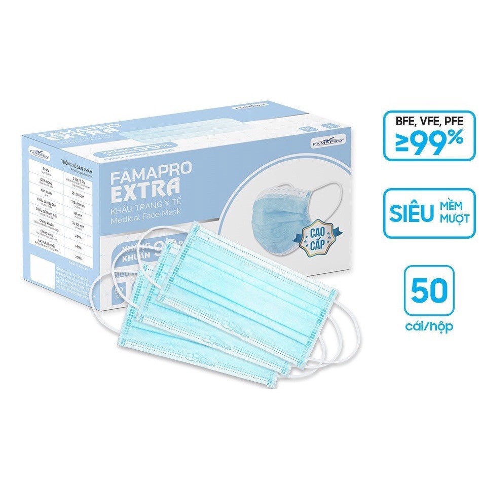 COMBO 6 HỘP Y TẾ [Extra HỘP 50 CÁI] Khẩu trang y tế kháng khuẩn 4 lớp Famapro Extra (50 cái/ hộp)
