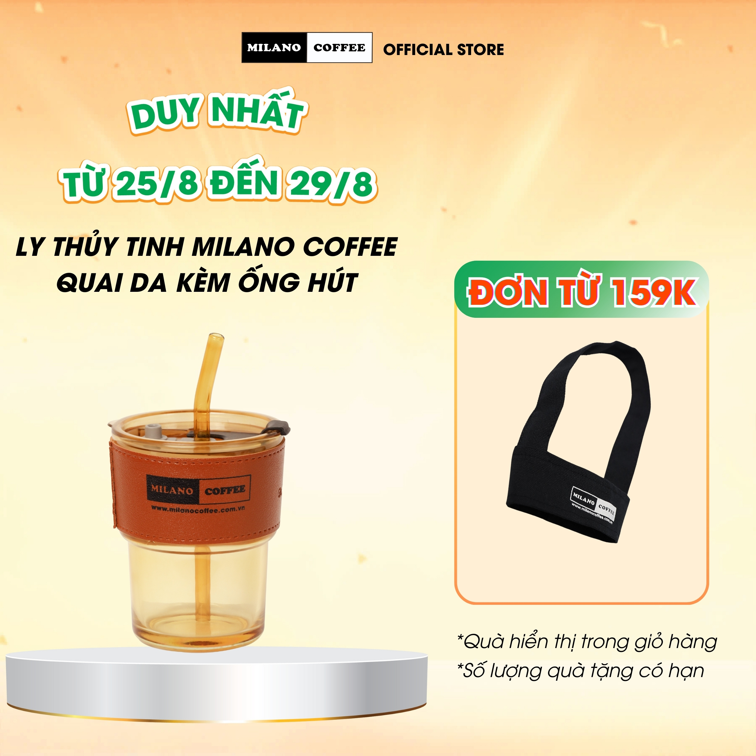 Ly thủy tinh milano coffee quai da kèm ống hút