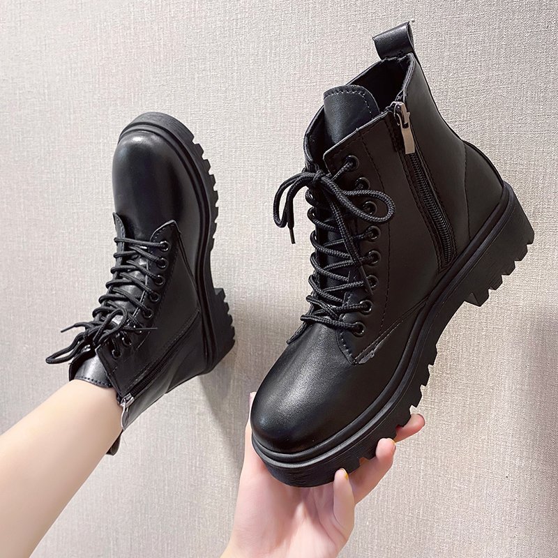 Giày boot đế thô 3 phân cột dây dây kéo - Giày bốt nữ cột dây cá tính