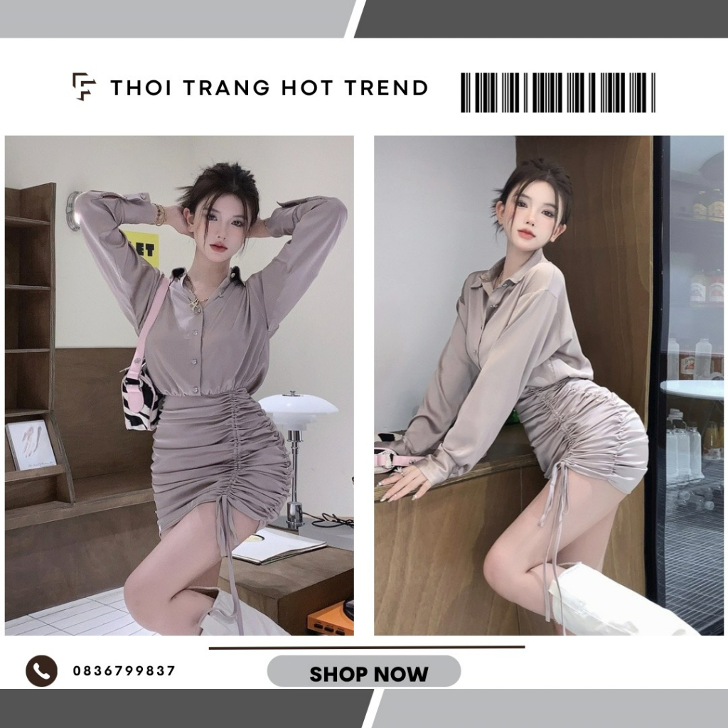 Đầm ôm nữ cổ sơ mi cài nút rút dây tôn dáng siêu sang