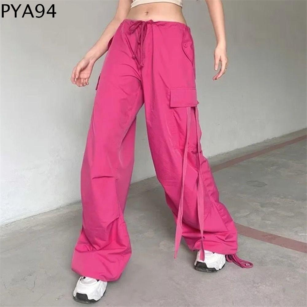 PYA94 Y2K Quần Nỉ Kẻ SọC ỐNg RộNg Nhiều túi Dây Rút Quần túi hộp rộng Thời trang Phong cách Ins Quần jogger nữ Bé gái