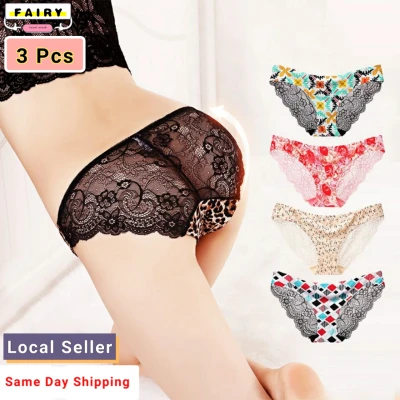 (3 Pcs) Woman Panties Sexy Lace Ladies Underwear Seamless Sexy Women Panties Thin Underpants Hollow Briefs Ice Silk Low-Rise Underwear Lingerie Plus Size Panty Female Floral Intimates