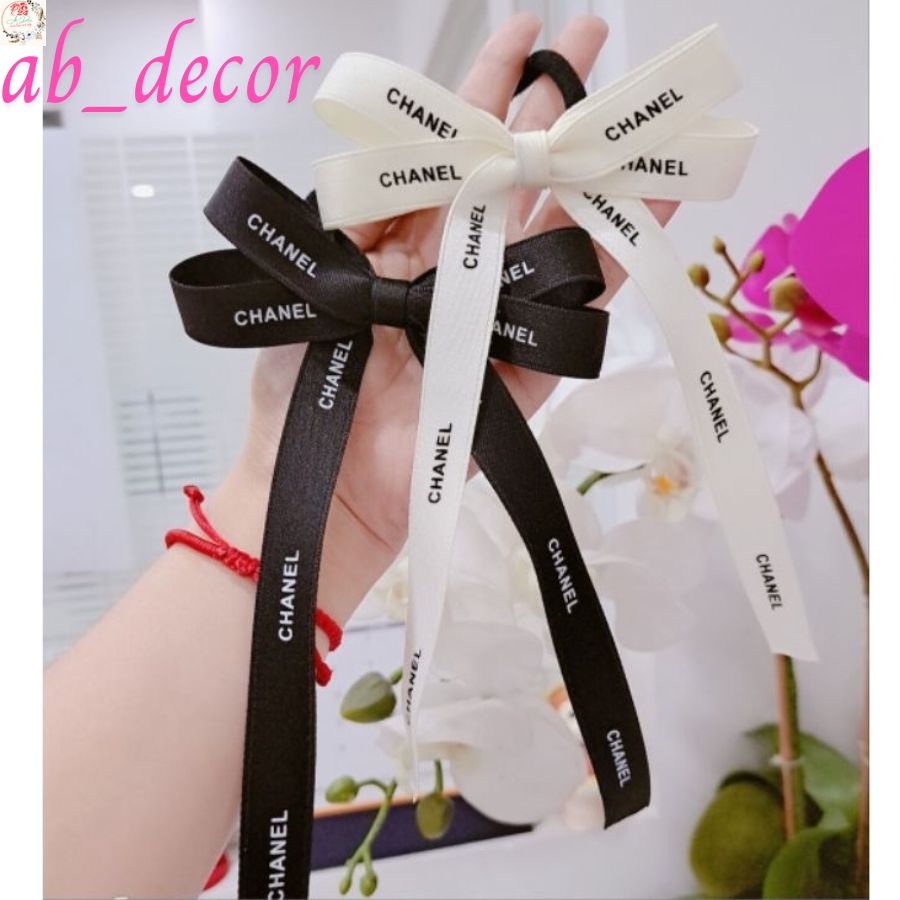 Nơ Kẹp tóc, nơ cột tóc, nơ buộc tóc ruy băng in họa tiết chữ lụa gân mờ cao cấp_LM285