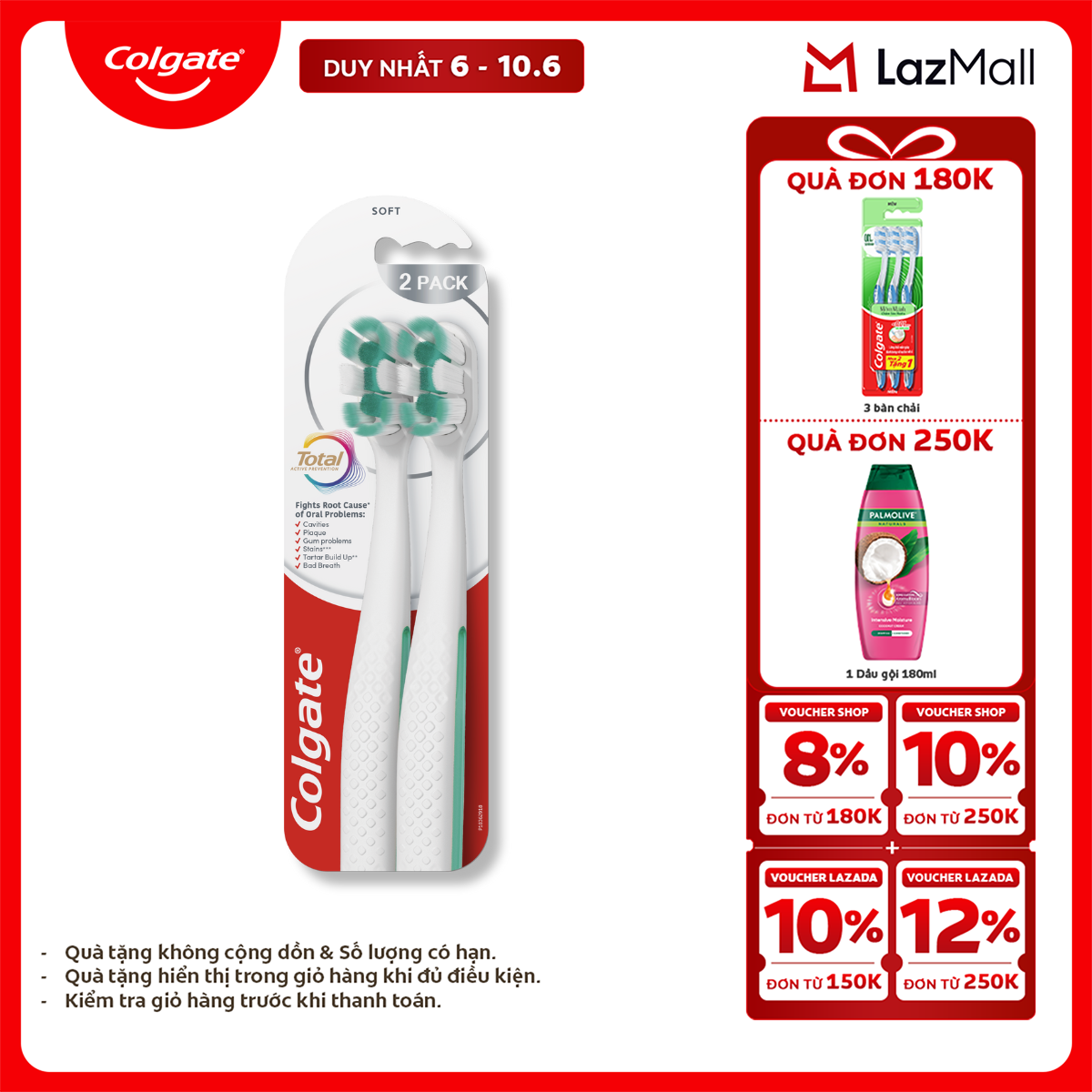 [Chỉ 6-10.6_X2 Voucher giảm 22%] [MỚI] Bộ 2 Bàn chải Colgate Total, công nghệ tạo bọt nhanh, ngăn ngừa 6 vấn đề răng miệng phổ biến