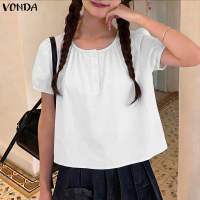 VONDA เสื้อสไตล์เกาหลีเสื้อยืดคอกลมเด็กผู้หญิงแขนพองหลวมครึ่งเสื้อสตรีแบบติดกระดุม #0518