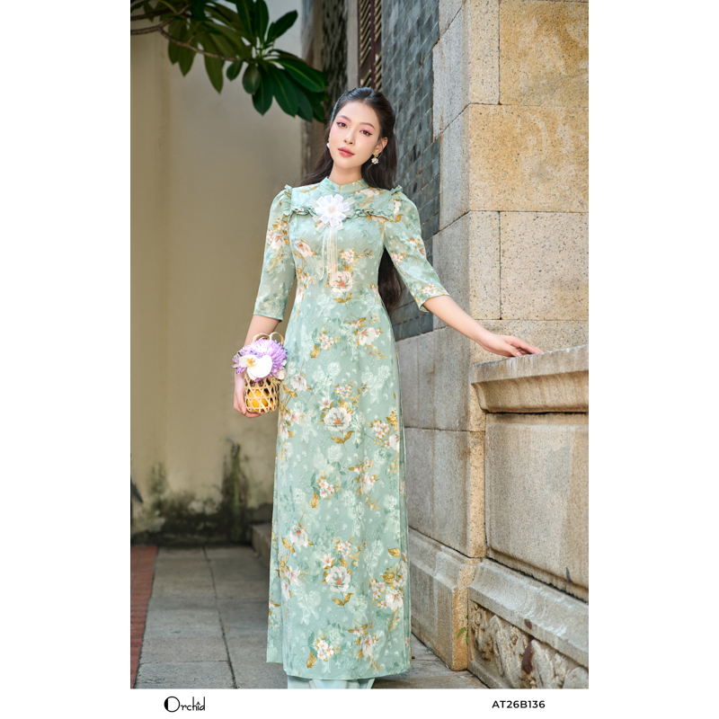 Áo dài tơ hoa thiết kế cổ 2 phân phối bèo hoa trắng Orchid - AT26B136