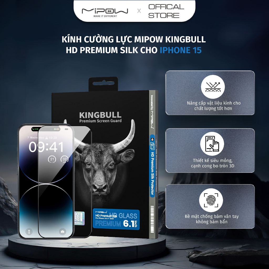 Kính cường lực mipow kingbull 2.5d hd premium silk cho iρhone 15 series - hàng chính hãng