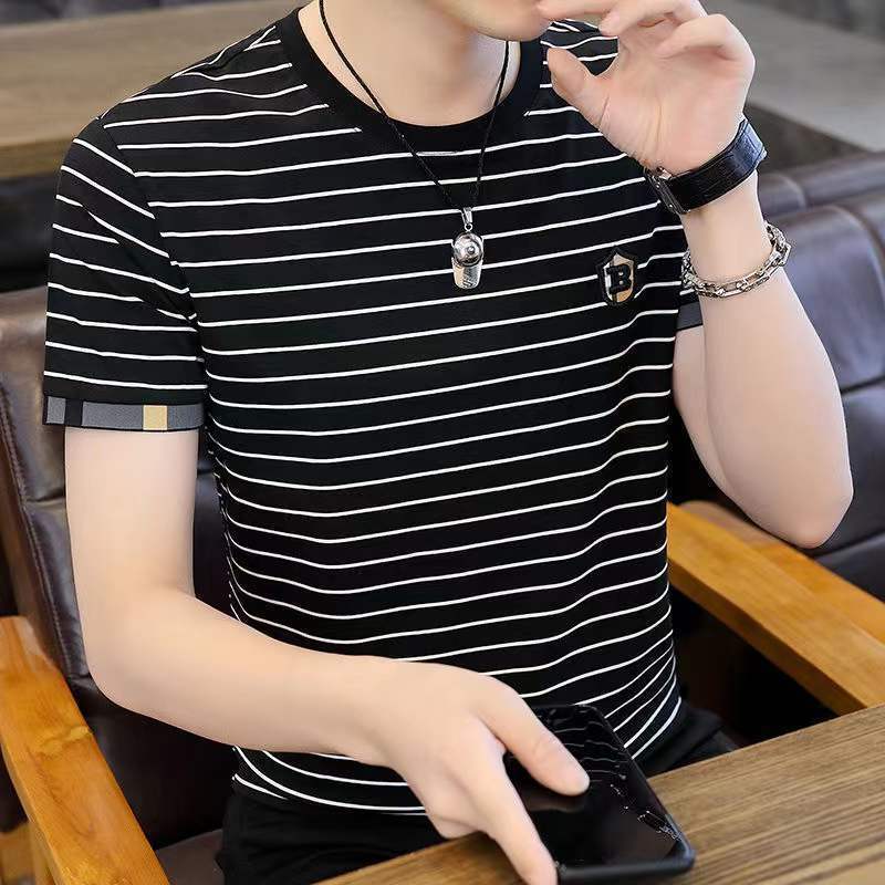Striped short sleeved T-shirt for men's summer fashion brand versatile men's top short T-shirt casual round neck fashionable high-end half sleeved clothes ราคา  19,888 บาท*ส่งฟรี