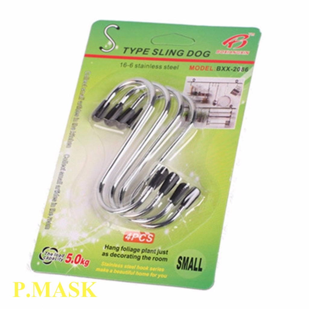 Vỉ 4 móc Inox treo tường chữ S H008 đa năng, tiện lợi có bọc nhựa 2 đầu