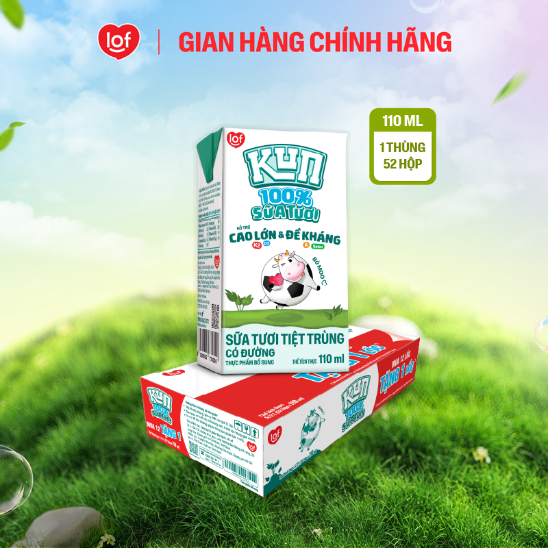 100% sữa tươi KUN có đường thùng 52 hộp x 110ml