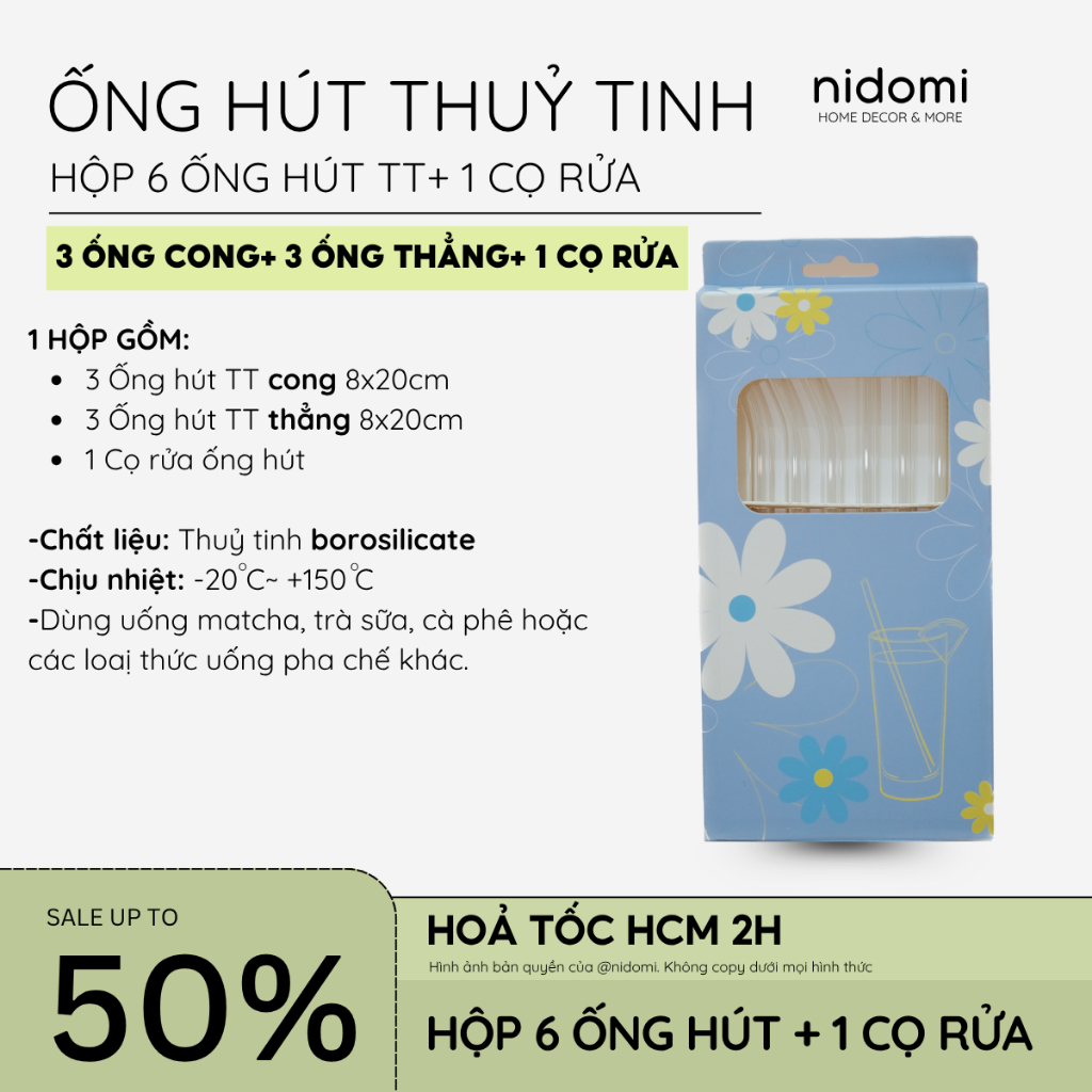 |nidomi| Ống hút thuỷ tinh 8x200mm cong trong suốt và cọ rửa dùng uống Matcha, Trà Sữa, Trà trái cây