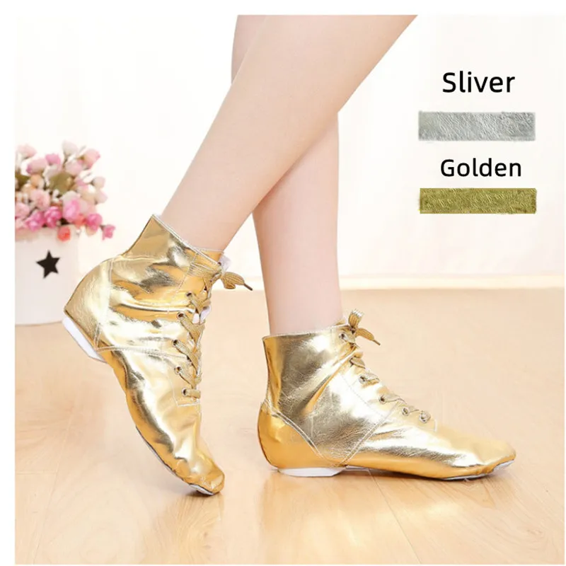 【A shoe store】 New Gold Silver Jazz Shoes Lace Up PU Modern Dance Stage Performance Boots Square Soft Sole Dance Sneakers