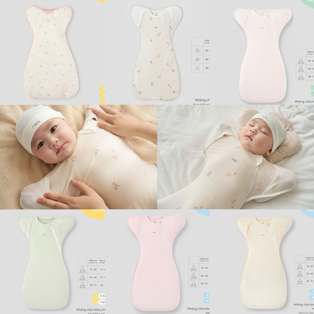 Nous Phụ Kiện Baby Nhộng chũn, túi ngủ chống giật mình bé trai bé gái thoáng khí chống ngạt dưới 9kg - Nous Miền Nam