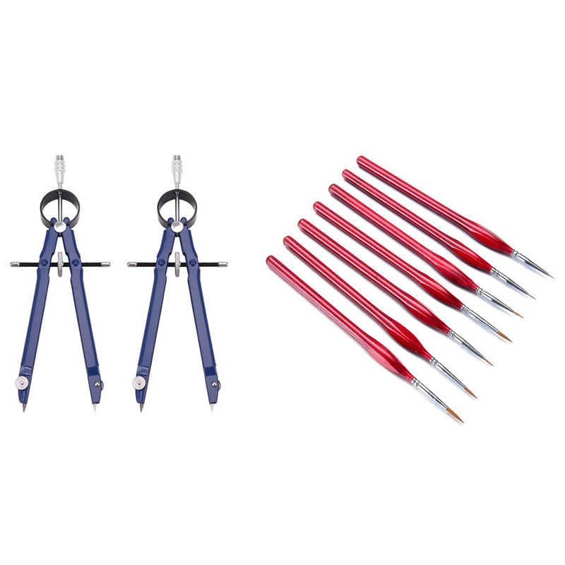 2 Set with Lock Math Bow Compass Drawing Metal Compass & 7 Pcs Triple-Cornered Wooden Brush Gouache Hook Line Pen