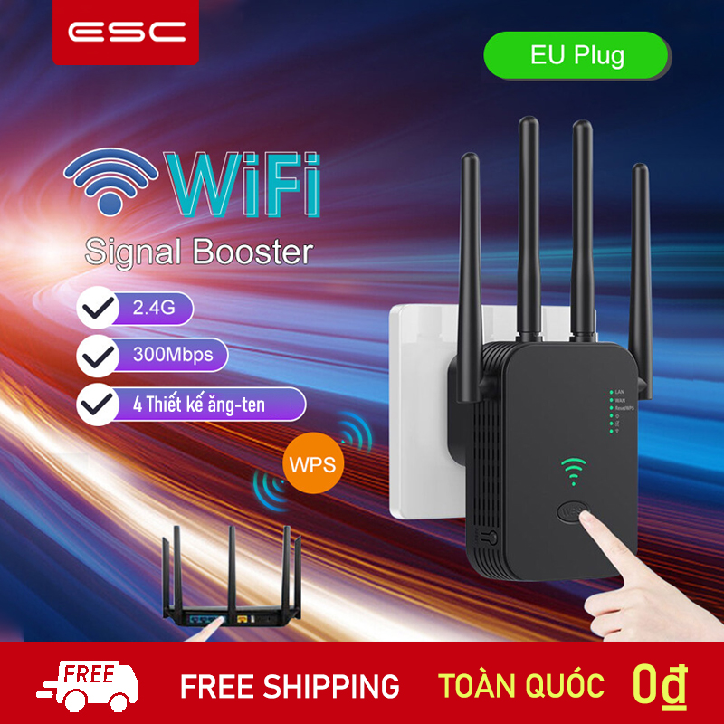 Kích sóng wifi 4 râu ăng ten phát xuyên tường chuẩn n tốc độ 300mbps màu trắng bộ kích sóng wifi thu phát mở rộng sóng