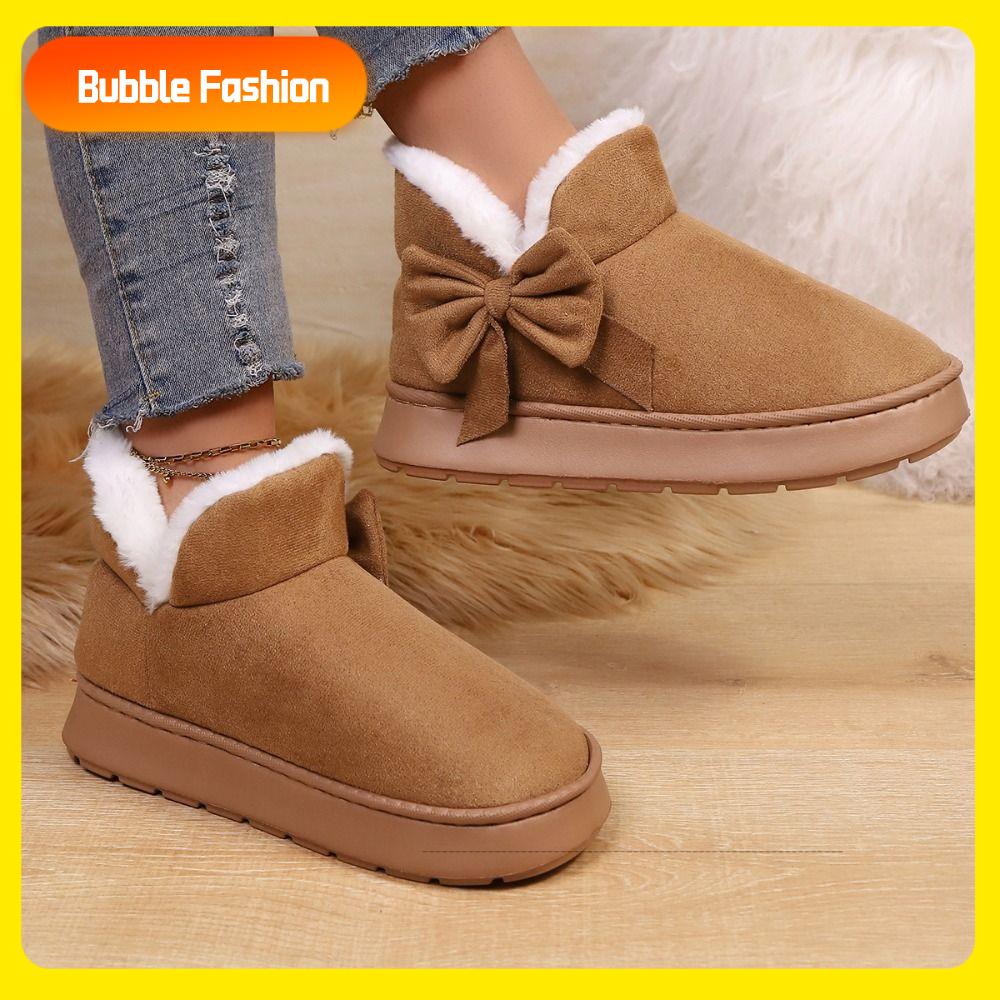 BUBBLE FASHION Lót nhung mềm mại Giày tuyết nữ Nơ Giữ ấm Giày bốt đế cao dễ mang Phong cách Hàn Quốc Thoải mái Giày mùa đông Dành cho mùa đông thời tiết tuyết