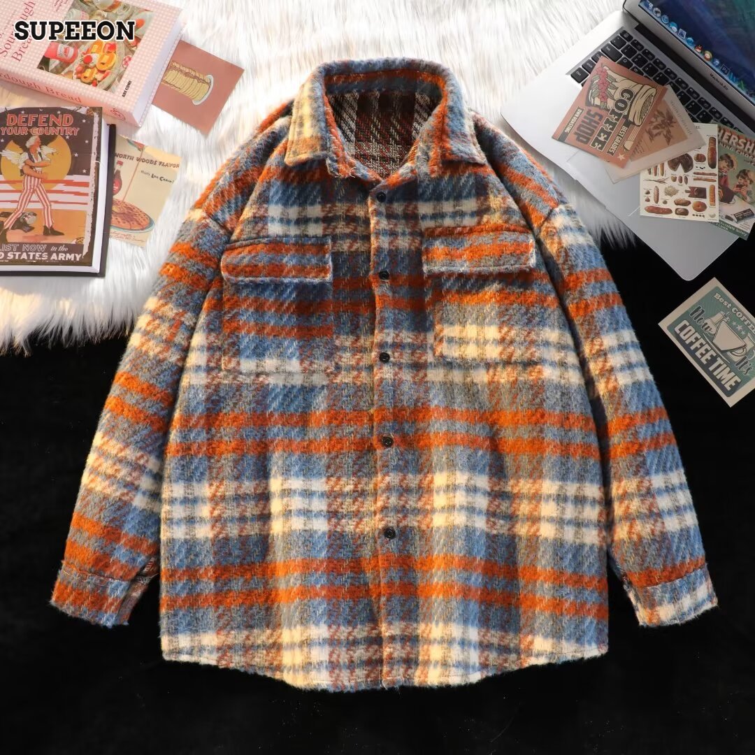 Men's loose lapel wool plaid coat Warm casual couple shirt jacket ราคา 647 บาท*ส่งฟรี