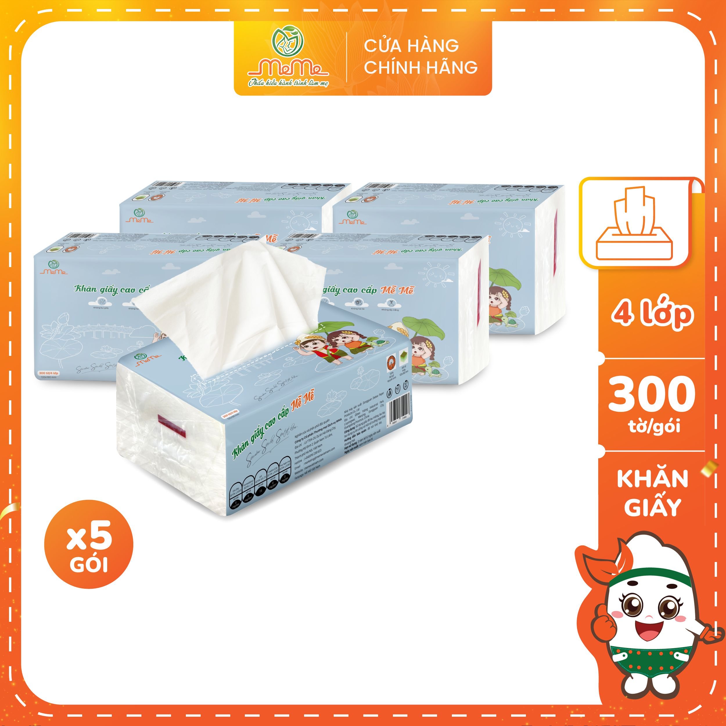 Combo 5 Gói Khăn Giấy Mễ Mễ 100% bột giấy nguyên sinh Gói 4 Lớp