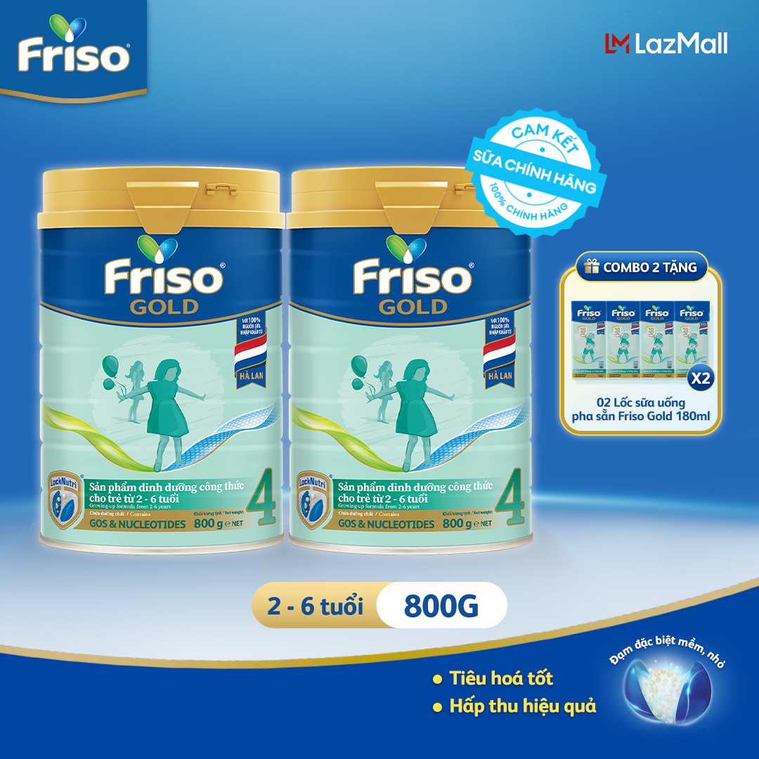 [Tặng 2 Lốc RTD 180ml] Bộ 2 Lon Sữa Bột Friso Gold 4 800G/lon (cho trẻ từ 2-6 tuổi)
