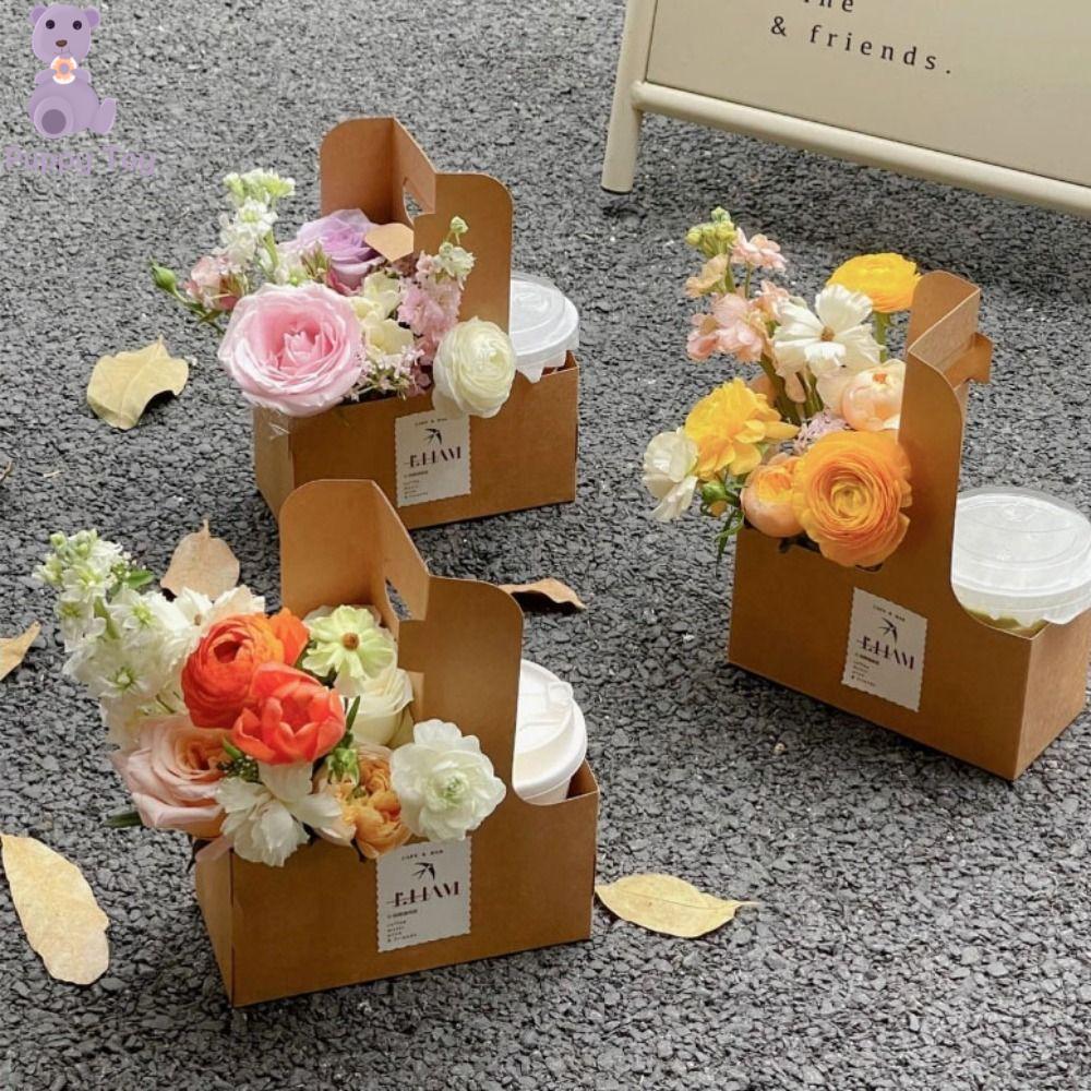 TESDFD 10PCS Giấy kraft Hộp hoa cầm tay Túi đựng cốc cà phê Túi xách Túi hoa Hộp quà Vật liệu đóng gói Túi Gói bó hoa Gói Hoa