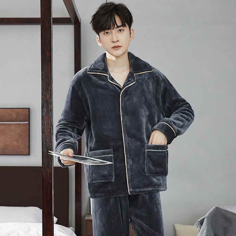 Người Đàn Ông nỉ ấm áp Mùa Thu đồ ngủ mùa đông Lần Lượt cổ áo nhồi lông Dài Tay Quần Bộ đồ hai mảnh dáng rộng thoải mái Ngủ Phòng Chờ Bộ