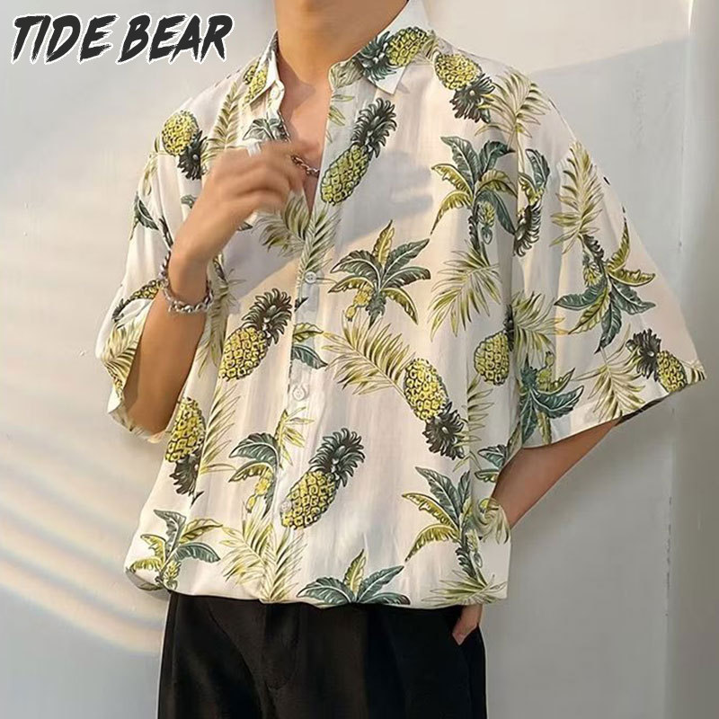 TIDE BEAR Ice silk pineapple tree shirt beach vacation short sleeves hawaiian shirt men's short sleeve shirt ราคา 175 บาท*ส่งฟรี