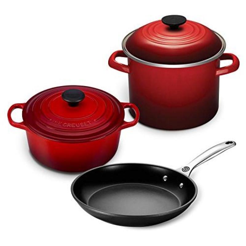 Le Creuset 5pc Oven and Stovetop Cookware Set (4.5-Quart Round Dutch Oven, 6-Quart Covered Stockpot, 10-Inch Toughened Nonstick Fry Pan) (Cherry) Singapore