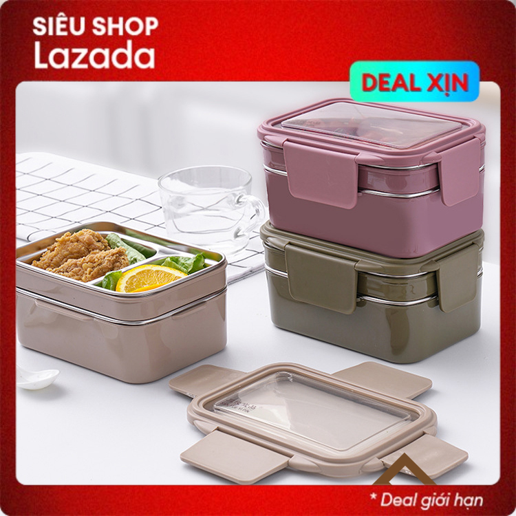 Hộp đựng cơm giữ nhiệt 2 tầng, 3 ngăn chất liệu ruột INOX 304 cao cấp, Nắp hộp chống tràn hiệu quả, dùng được trong lò vi sóng