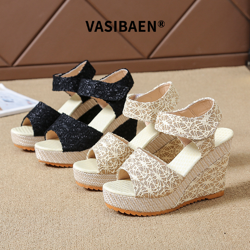Vasibaen Xăng đan nữ Xăng đan hở ngón mũi nhọn đế xuồng xăng đan Thiết kế băng gai dính thông dụng tăng chiều cao đế xuồng thoải mái thoáng khí Giày nữ