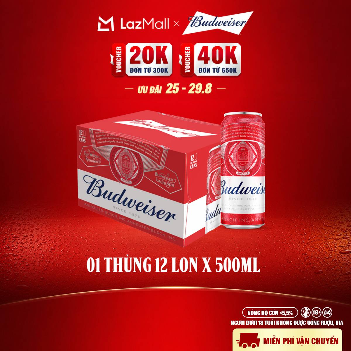 Thùng 12 Lon Bia Budweiser (500ml/lon)