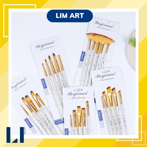 Bộ 5 cọ vẽ lông mềm cán gỗ màu ngọc trai chuyên dụng vẽ màu acrylic, sơn dầu LIM Art