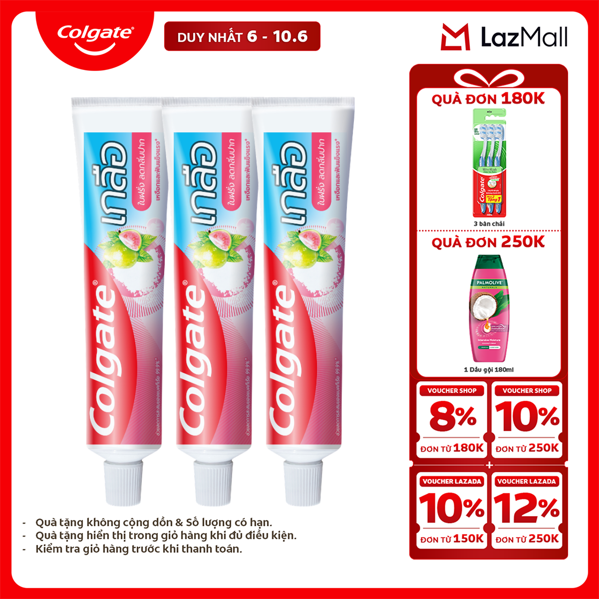 [Chỉ 6-10.6_X2 Voucher giảm 22%] Bộ 3 Kem Đánh Răng Colgate Muối Lá Ổi Hồng giảm hôi miệng và vi khuẩn tích tụ 150g/ tuýp