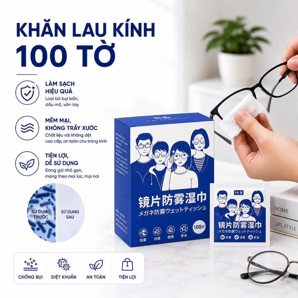 Khăn Giấy Lau Kính Nano 100 Miếng - Khăn Chống Mờ Sương, Chống Bám Hơi Nước