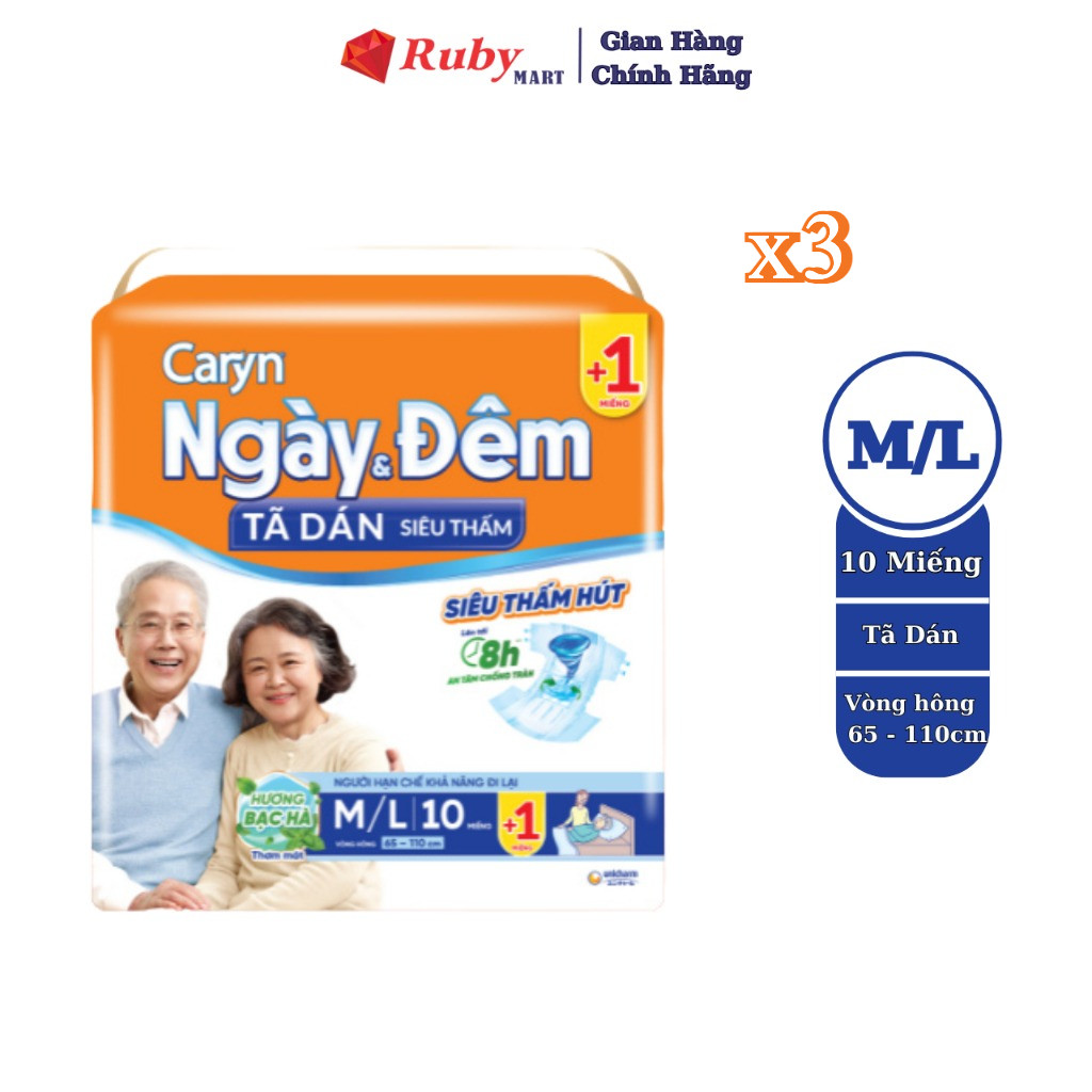 Combo 3 Tã Bỉm Dán Caryn Mẫu Mới SIêu Thấm Ngày và Đêm size M/L10 miếng