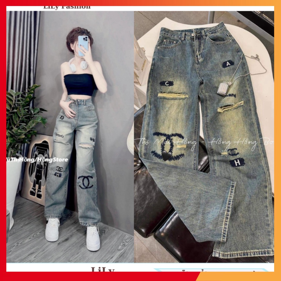 Quần jeans ống rộng chất denim mềm mát dễ chịu quần jeans rách Logo Thêu sắc nét Uyên Fashion