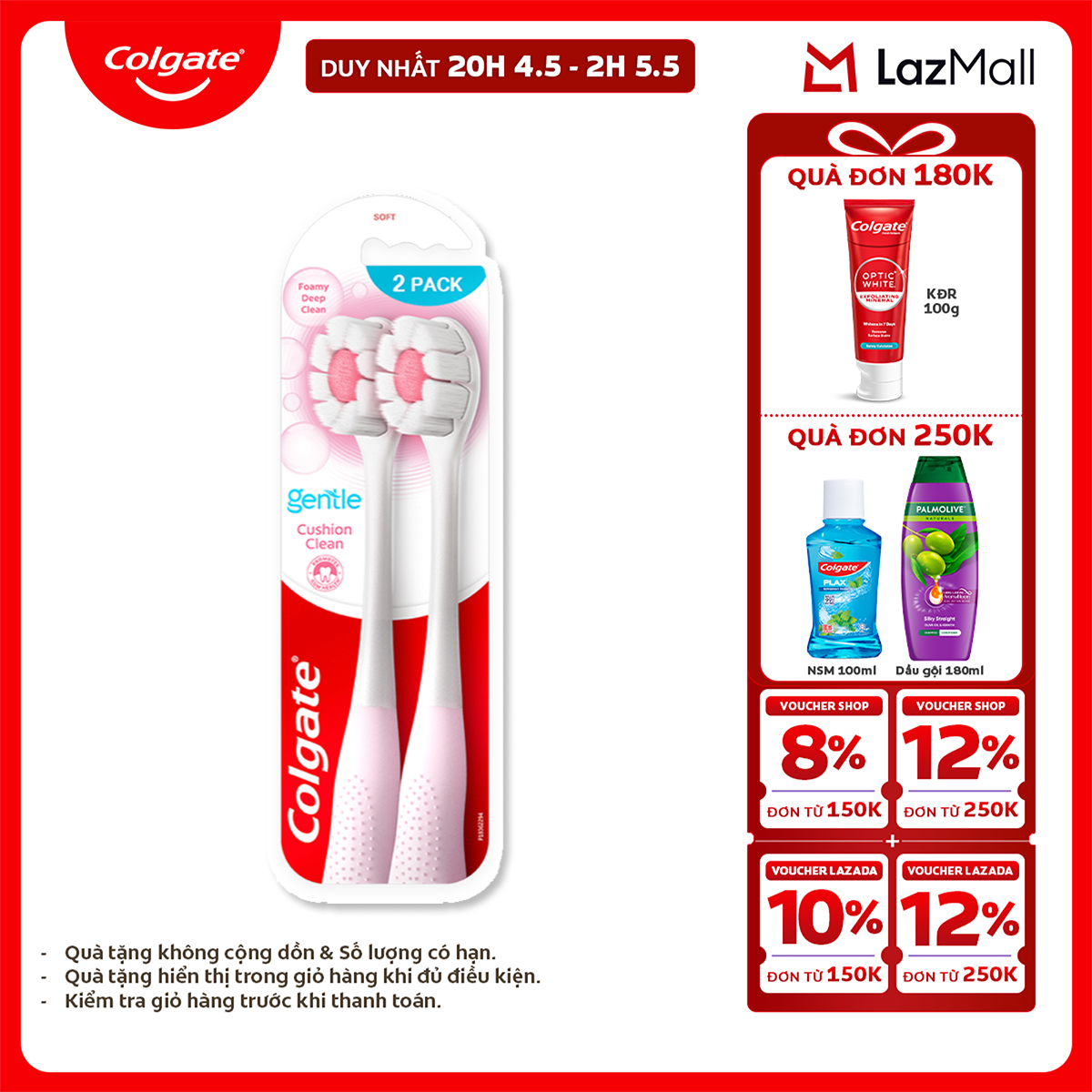 [Chỉ 25-29.4_X2 Voucher giảm 20%] Bộ 2 Bàn chải Colgate Gentle Cushion Clean lông chải siêu dày tạo bọt mịn
