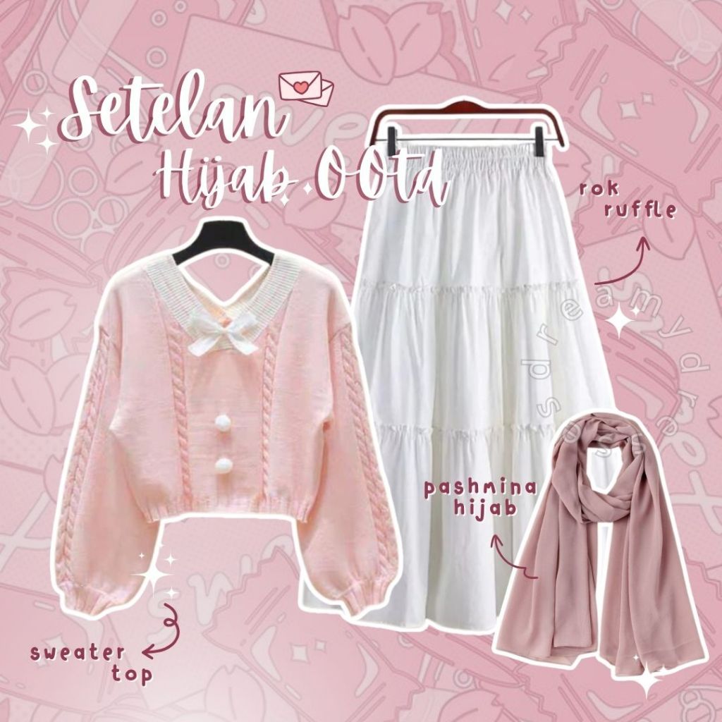3in1 Set 136 - Setelan Wanita Hijab OOTD Kekinian terbaru Outfit Lebaran OOTD Hijab Korean Style Sweater Rajut Oversize Tebal Rok Putih Susun Ruffle Harga 118,124 rupiah*Gratis Ongkir
