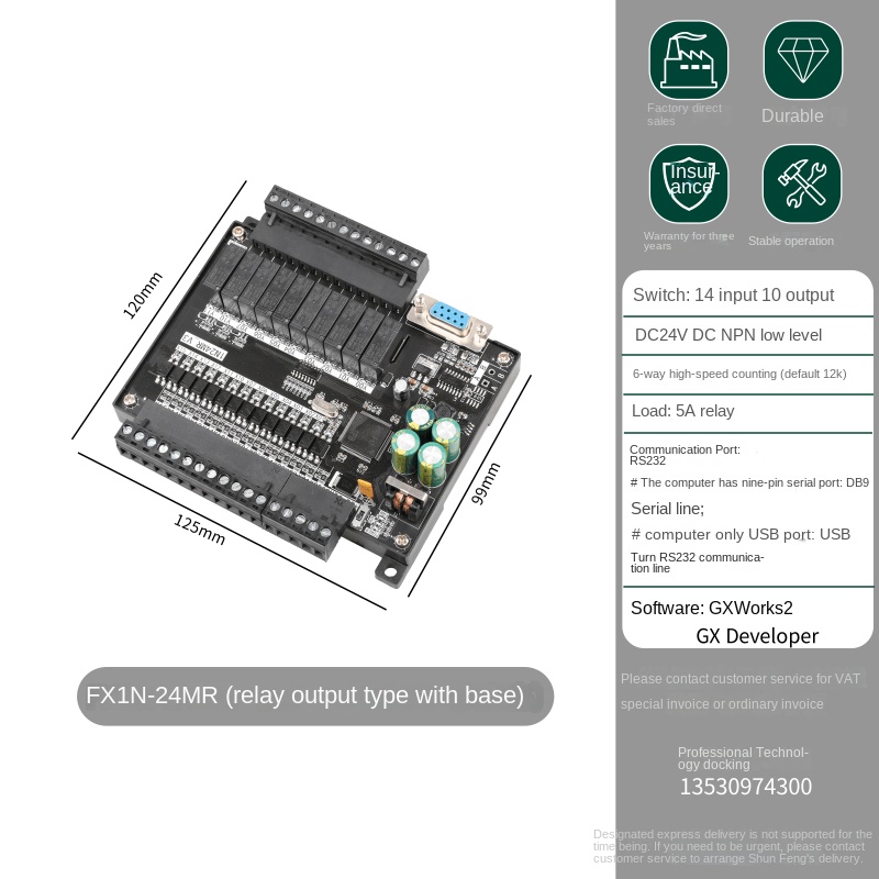 Board Mạch PLC FK FX1N-24MR: 14 input 10 output Đầu Ra Rơle, DB9 RS232, 24VDC, xung tốc độ cao,Hỗ Trợ GX Works2/GX Developer Mitsubishi -FK1N-24MR CÓ ĐẾ