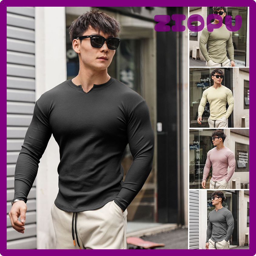 [Ziopu] Áo thun thể thao nén cho nam áo tập thể dục dài tay thể hình cổ chữ V Áo tập gym chạy bộ đồ 