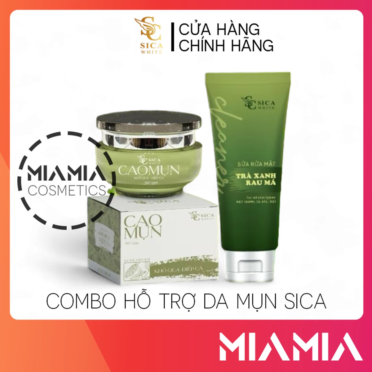 Combo Hỗ Trợ Da Mụn Sica White - Kem Face Cao Mụn Khổ Qua Diếp Cá Sica + Sữa Rửa Mặt Trà Xanh Rau Má Sica