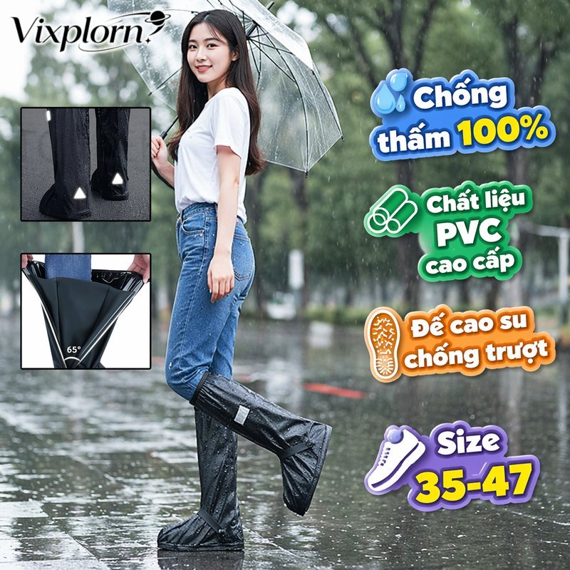 Vixplorn Ủng mưa bọc giày cổ cao chống thấm đế cao su chống trượt đi xe máy đi làm size 35 47