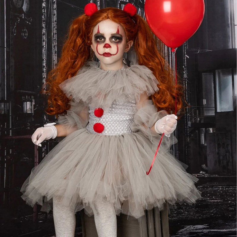 Pickmine 2023 new Toddler Clown Costume Set Girls White Tulle Dress Gloves