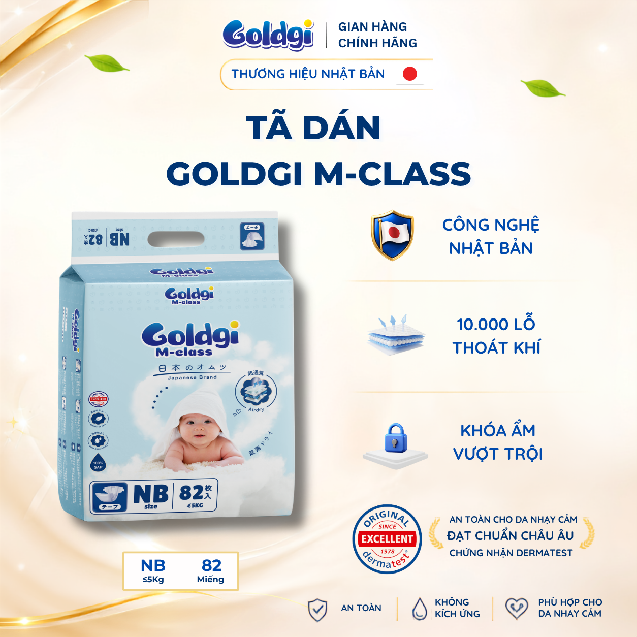 Tã dán Goldgi M-class mỏng nhẹ siêu khô thoáng hạ nhiệt cho mùa hè đủ size chính hãng