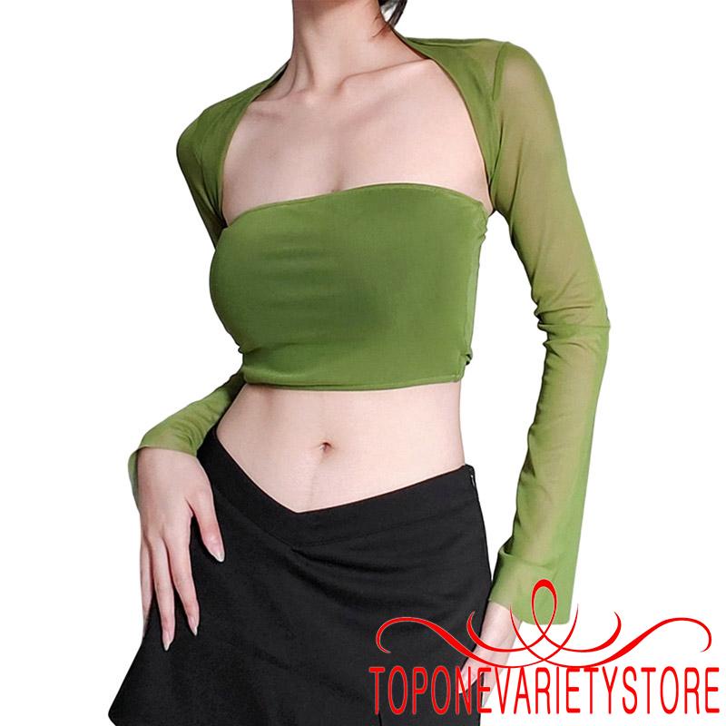 COD Topone Set Áo Croptop Trễ Vai Không Tay Và Áo Lưới Dài Tay Màu Trơn Thời Trang Đường Phố Cho NữE