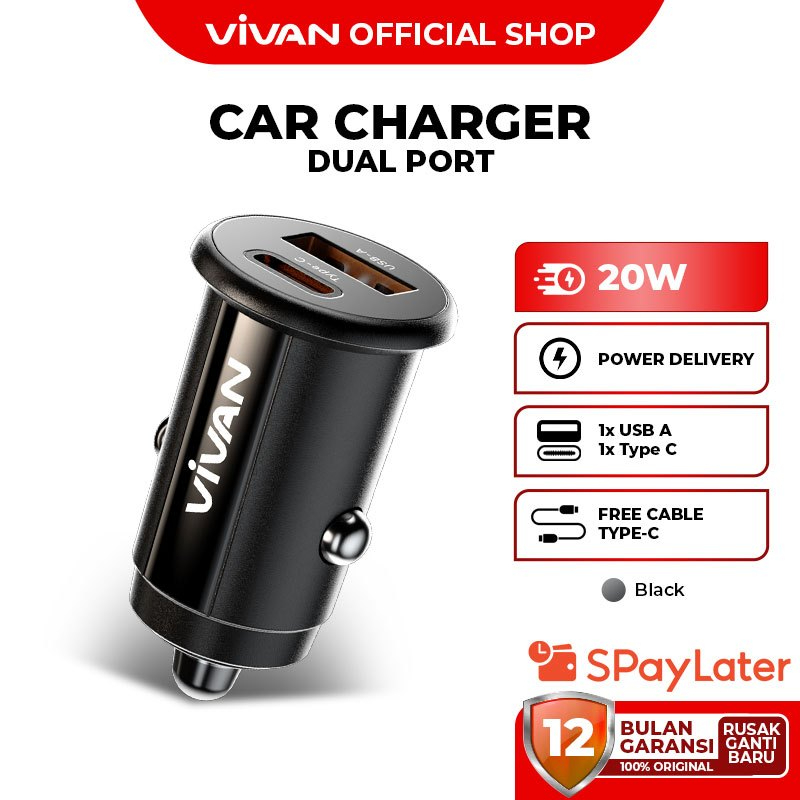 VIVAN Car Charger Dual Port 20W Fast Charging USB-A & Type-C PD CCQ07 Garansi 12 Bulan Harga 79,900 rupiah*Gratis Ongkir
