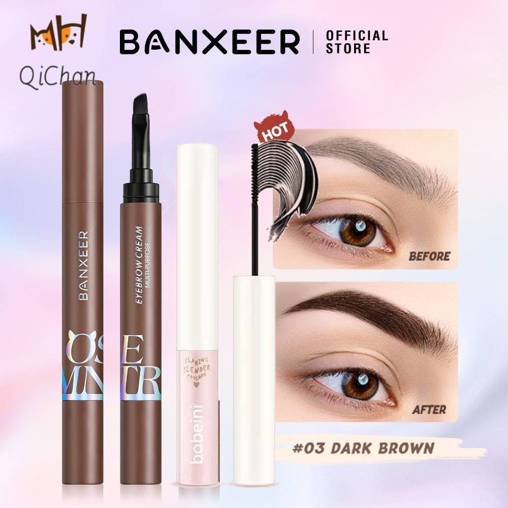 QiChan 2 cái Kem lông mày Bộ trang điểm banxeer với bộ cọ, Mascara bền lâu chống nước khối lượng 36h uốn cong Smudge-Proof dài Lash dễ dàng sử dụng trang điểm mắt