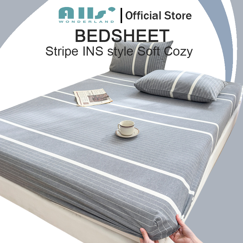 Alls' Wonderland Washed Cotton Bedsheet Simple Lattice Super Soft Red Blue Checkered Fitted Bedsheet Single Queen King ราคา 194 บาท*ส่งฟรี
