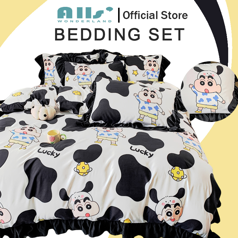 Alls' Wonderland Princess Lace Bedding Set 4in1 Washed Cotton Crayon Shin-chan Panda Bedsheet with Duvet Cover Ruffle Floral Pillowcase Black White Soft Bed sheet Set Single Queen King Size ราคา 743 บาท*ส่งฟรี