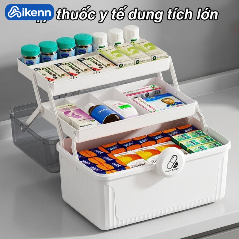 Aikenn Hộp thuốc gia đình 3 tầng hộp đựng thuốc y tế nhựa có tay xách chia ngăn nắp đậy kín lưu trữ gọn