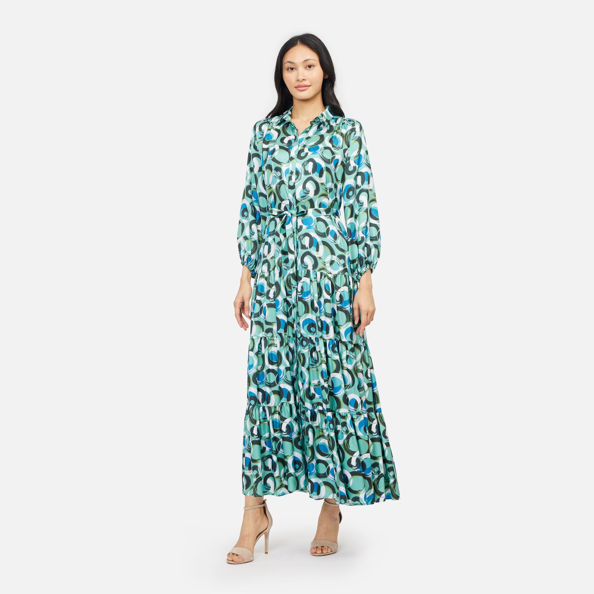 Circle Brush Silk Twill Tiered Shirt Maxi Dress - Green ราคา 8,450 บาท*ส่งฟรี